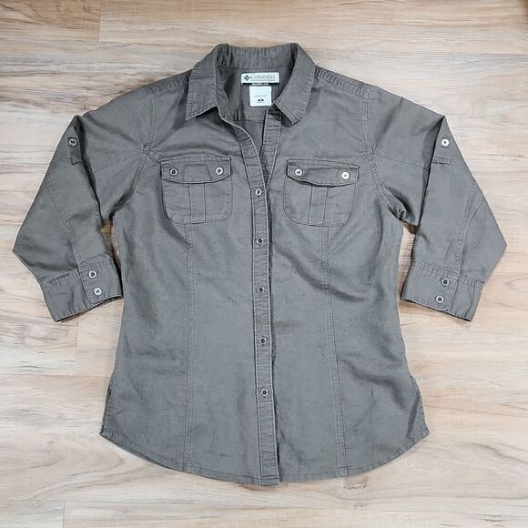 🐞Columbia Brown Linen Blend Button Adjustable 3/4 Sleeve Top Small - Picture 1 of 16